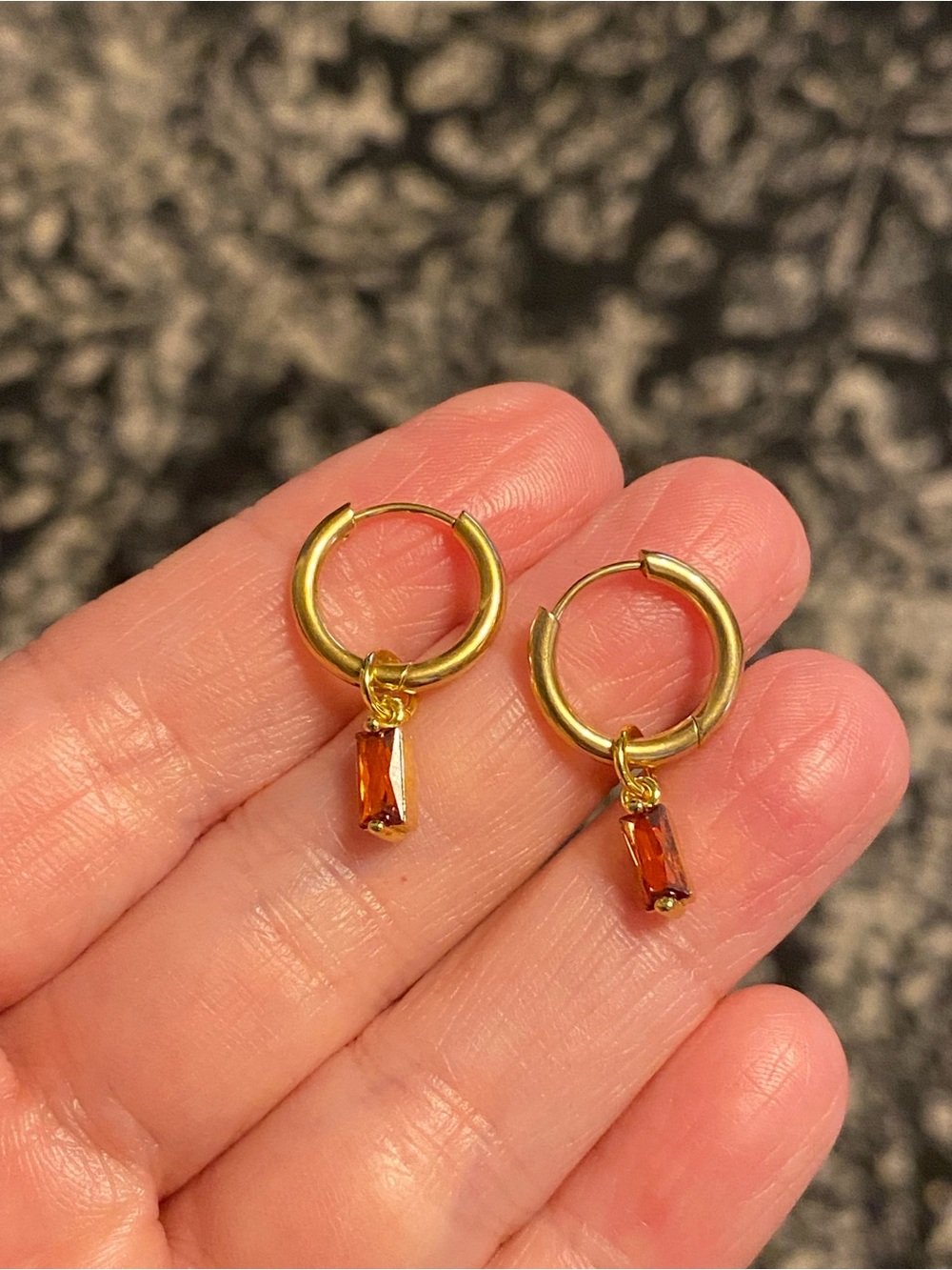 Gold Hoop Earrings with Orange Baguette Charm